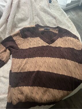 Brandy Melville Women's V-Neck Striped Cable Knit Sweater - Brown & Tan